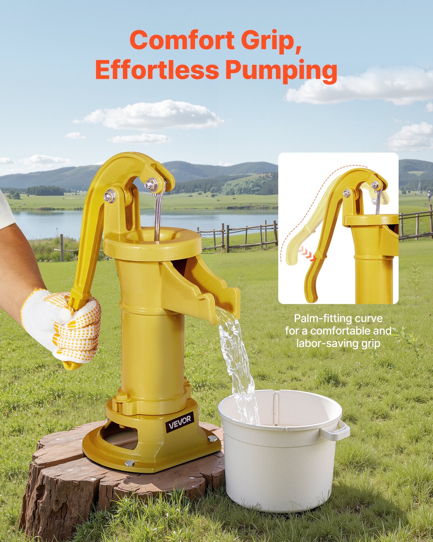 Well Hand Pitcher Pump, 25 ft Maximum Lift, Antique Cast Iron Manual Hand Water Pump, NPT 1-1/4 in Connection, Easy Installation, Old Fashioned for Outdoor Garden, Pond, Backyard, Farm, Yellow