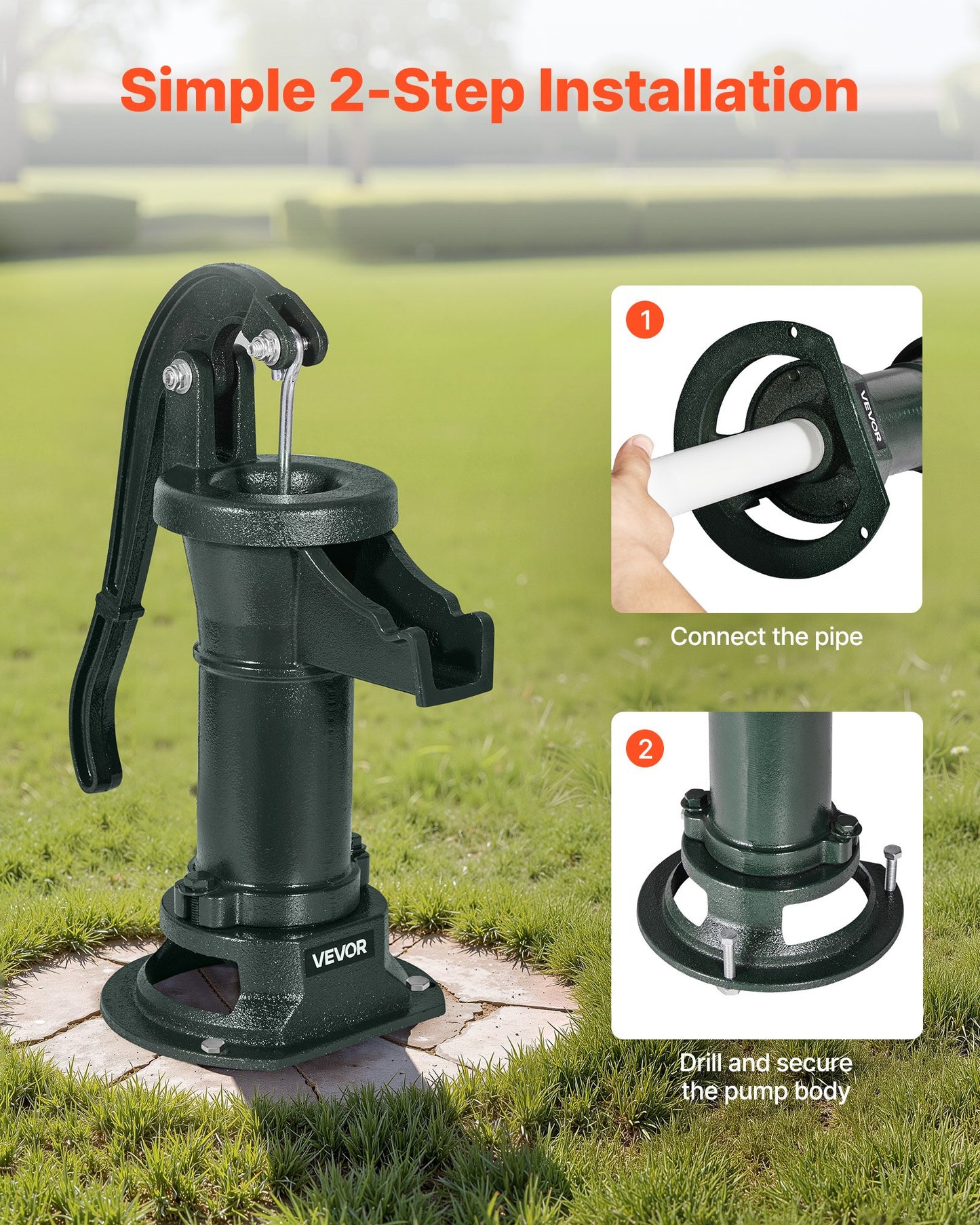 Well Hand Pitcher Pump, 25 ft Maximum Lift, Antique Cast Iron Manual Hand Water Pump, NPT 1-1/4 in Connection, Easy Installation, Old Fashioned for Outdoor Garden, Pond, Backyard, Farm, Green