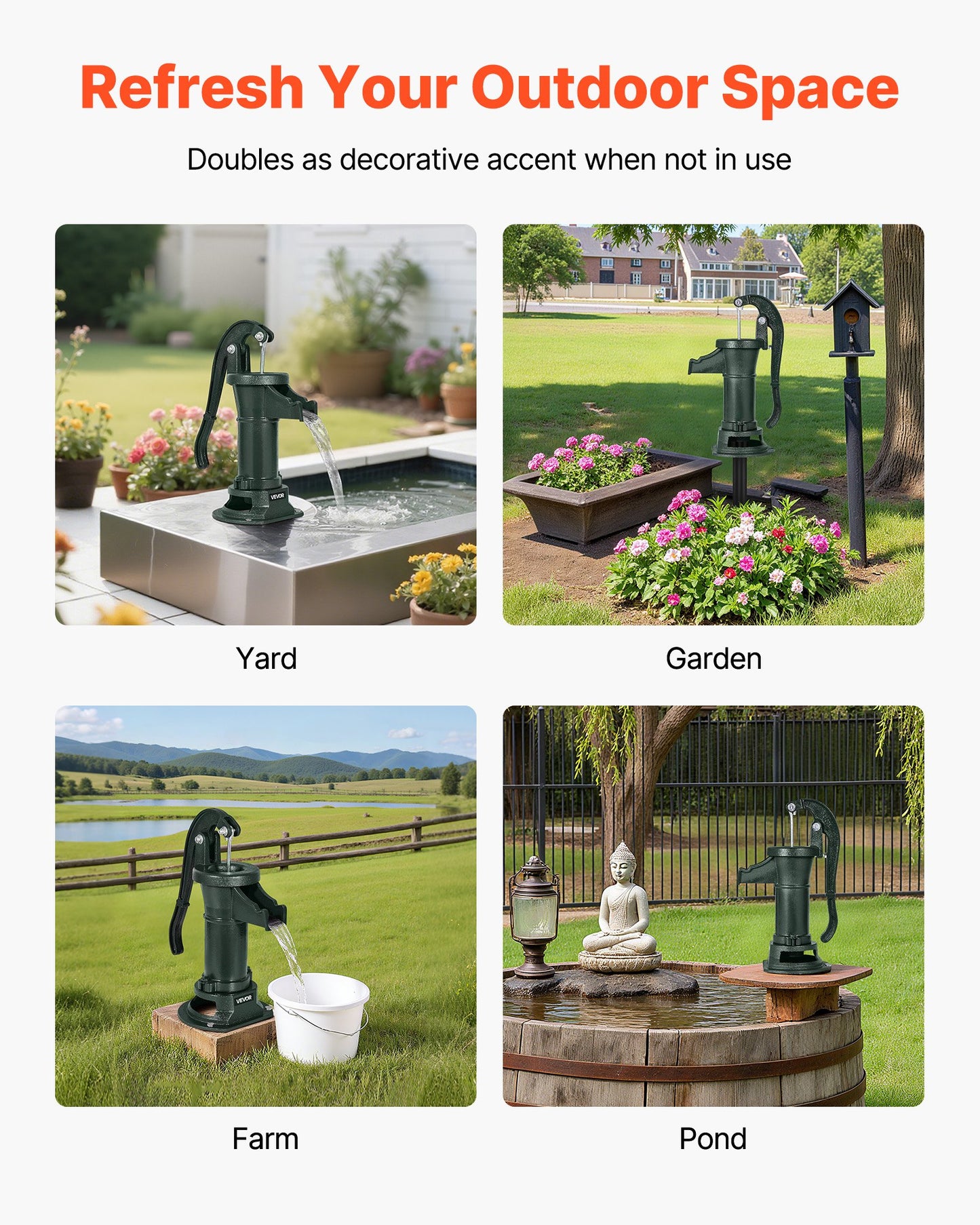 Well Hand Pitcher Pump, 25 ft Maximum Lift, Antique Cast Iron Manual Hand Water Pump, NPT 1-1/4 in Connection, Easy Installation, Old Fashioned for Outdoor Garden, Pond, Backyard, Farm, Green