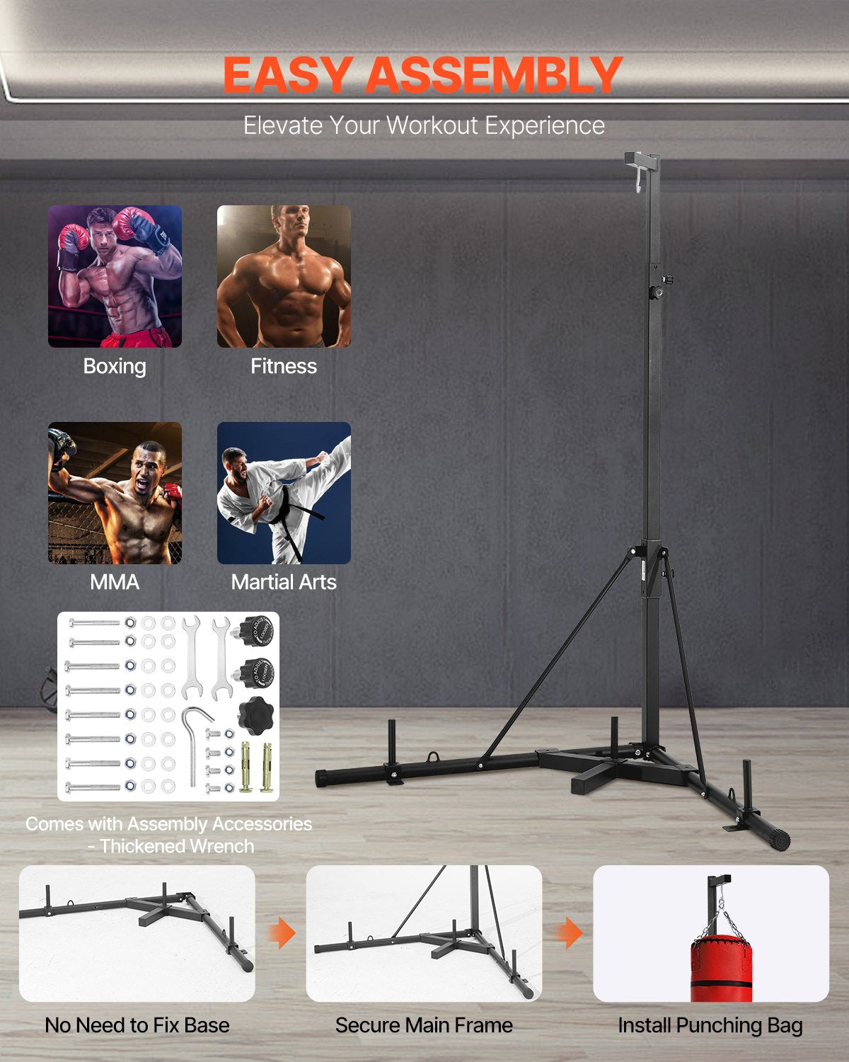 Punching Bag Stand, Steel Heavy Duty Workout Training Equipment, Adjustable Height Boxing Punching Stand with Weighted Base, Holds Up to 140 lbs, Freestanding Sandbag Rack for Home Gym Fitness