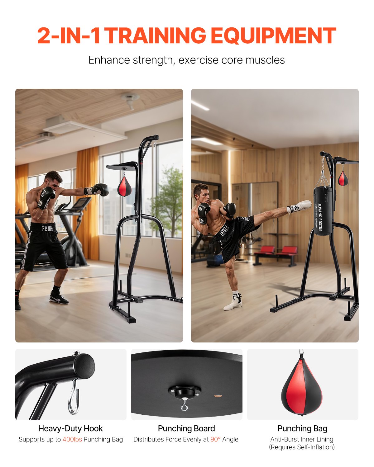 2 in 1 Punching Bag Stand, Steel Heavy Duty Workout Equipment, Adjustable Height Boxing Punching Bag and Speed Bag Stand, Freestanding Sandbag Rack, Holds Up to 140 lbs, for Home Gym Fitness
