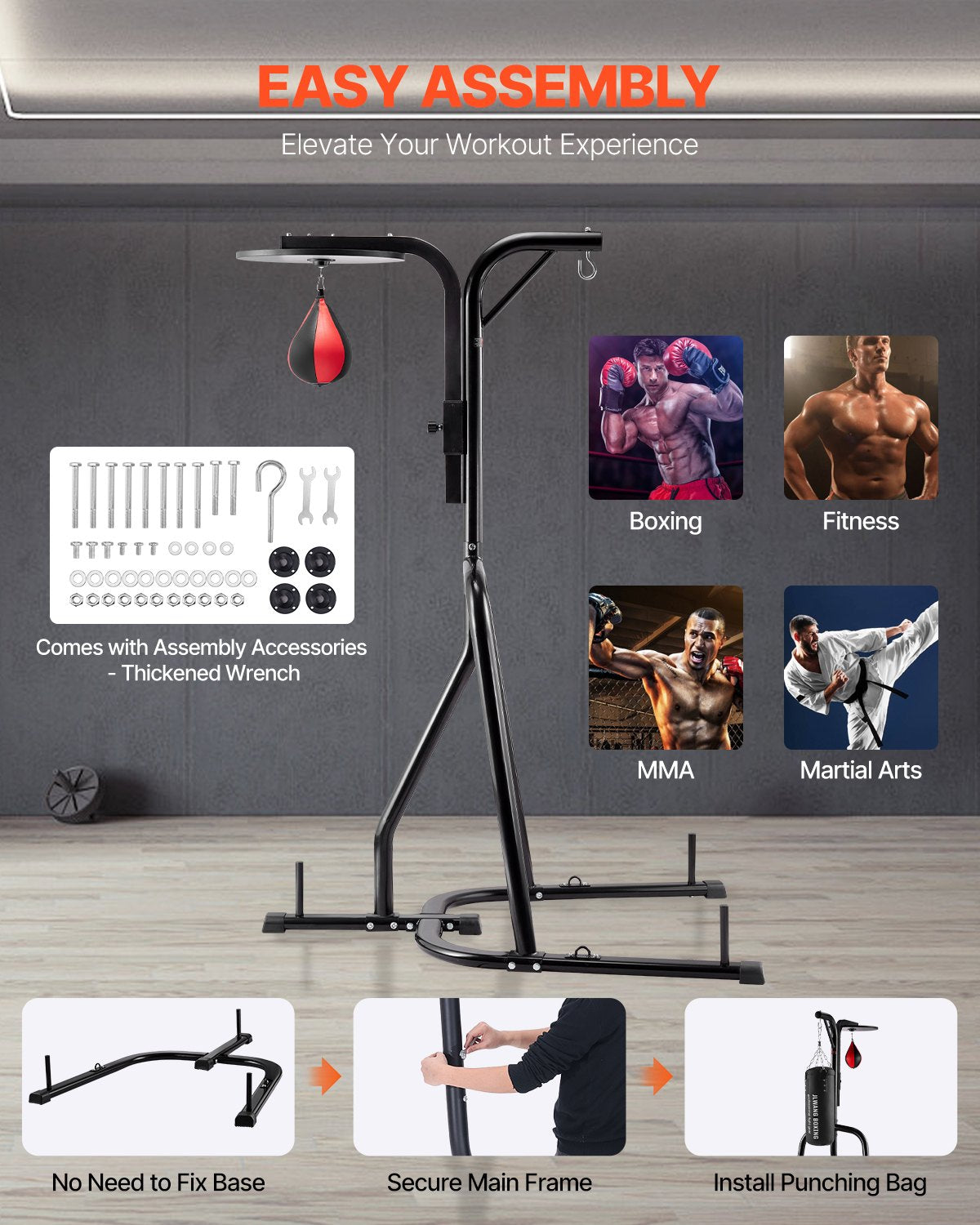 2 in 1 Punching Bag Stand, Steel Heavy Duty Workout Equipment, Adjustable Height Boxing Punching Bag and Speed Bag Stand, Freestanding Sandbag Rack, Holds Up to 140 lbs, for Home Gym Fitness