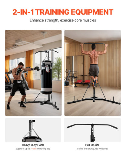 2 in 1 Punching Bag Stand, Steel Heavy Duty Workout Equipment, Adjustable Height Boxing Punching Bag Stand with Pull Up Bar, Freestanding Sandbag Rack, Holds Up to 140 lbs, for Home Gym Fitness
