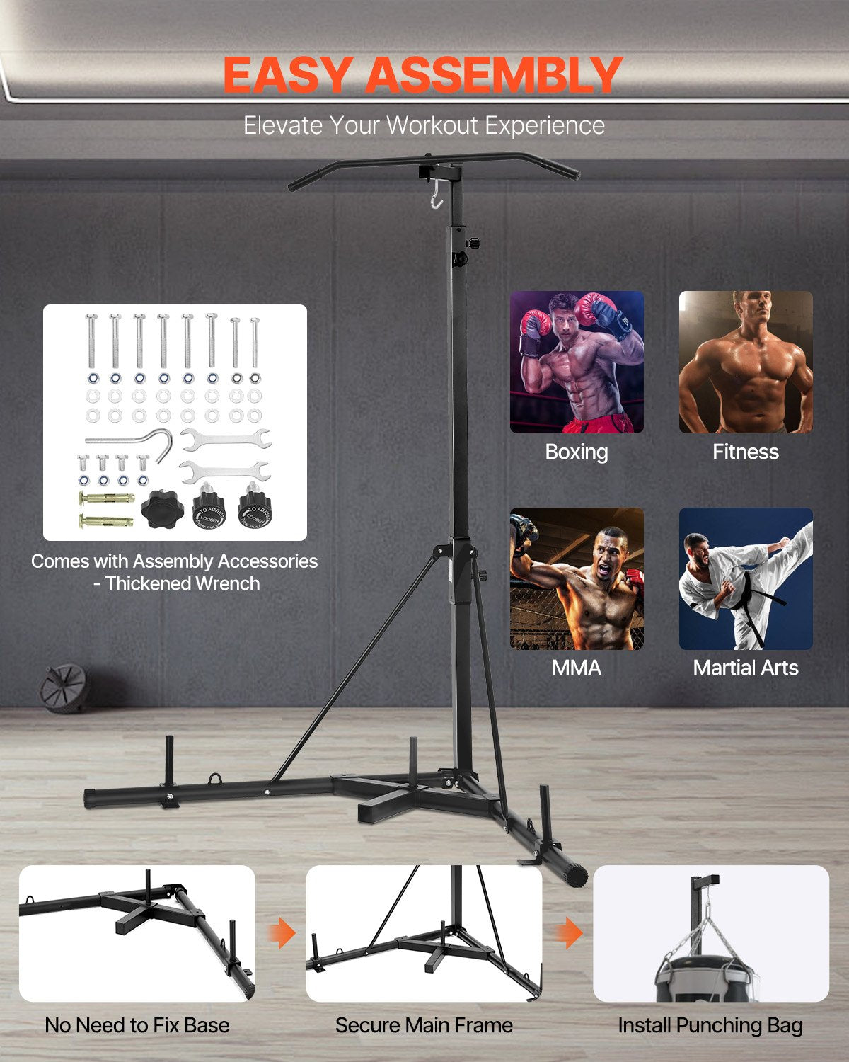 2 in 1 Punching Bag Stand, Steel Heavy Duty Workout Equipment, Adjustable Height Boxing Punching Bag Stand with Pull Up Bar, Freestanding Sandbag Rack, Holds Up to 140 lbs, for Home Gym Fitness