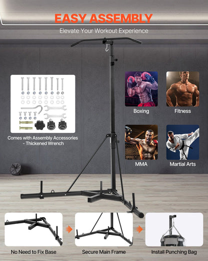 2 in 1 Punching Bag Stand, Steel Heavy Duty Workout Equipment, Adjustable Height Boxing Punching Bag Stand with Pull Up Bar, Freestanding Sandbag Rack, Holds Up to 140 lbs, for Home Gym Fitness