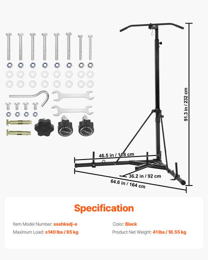 2 in 1 Punching Bag Stand, Steel Heavy Duty Workout Equipment, Adjustable Height Boxing Punching Bag Stand with Pull Up Bar, Freestanding Sandbag Rack, Holds Up to 140 lbs, for Home Gym Fitness