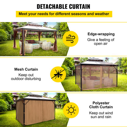 Patio Gazebo 10x12ft Hardtop Gazebo Gazebo with Mosquito Netting Outdoor Gazebo Patio Tent Garden Winds Replacement Canopy Double Tier Roof Canopy Gazebos For Patios Garden Home Lawn Brown