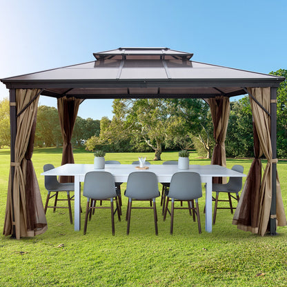 Patio Gazebo 10x12ft Hardtop Gazebo Gazebo with Mosquito Netting Outdoor Gazebo Patio Tent Garden Winds Replacement Canopy Double Tier Roof Canopy Gazebos For Patios Garden Home Lawn Brown