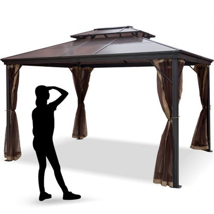 Patio Gazebo 10x10ft Hardtop Gazebo Gazebo with Mosquito Netting Outdoor Gazebo Patio Tent Garden Winds Replacement Canopy Double Tier Roof Canopy Gazebos For Patios Garden Home Lawn Brown