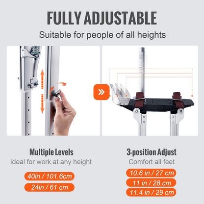 Drywall Stilts, 61 cm-102 cm Adjustable Aluminum Tool Stilts with Protective Knee Pads, Durable and Non-slip Work Stilts for Sheetrock Painting, Walking, Taping, Silver
