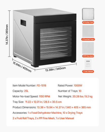 Food Dehydrator Machine, 10 Stainless Steel Trays, 1000W Electric Food Dryer with Adjustable Temperature & 24-Hour Timer, Freeze Dryer for Jerky, Meat, Fruit, Vegetables, Herbs, Dog Treats