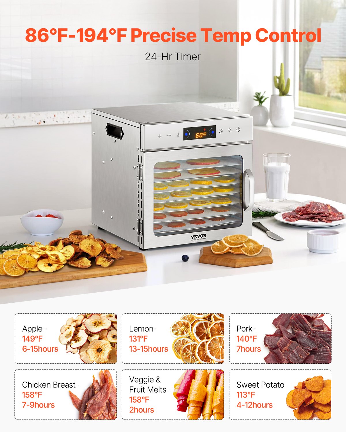 Food Dehydrator Machine, 8 Stainless Steel Trays, 400W Electric Food Dryer with Adjustable Temperature & 24-Hour Timer, Freeze Dryer for Jerky, Meat, Fruit, Vegetables, Herbs, Dog Treats