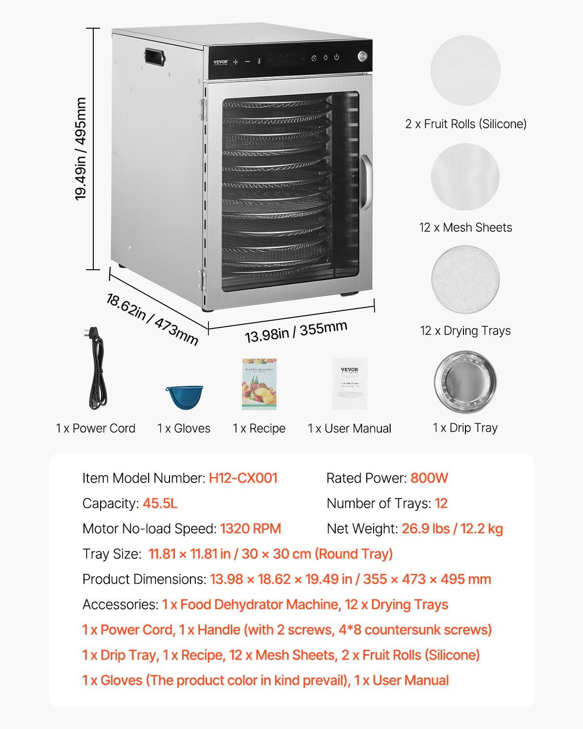 Rotary Food Dehydrator Machine, 12 Stainless Steel Trays, 800W Electric Food Dryer with Adjustable Temperature & 24-Hour Timer, Freeze Dryer for Jerky, Meat, Fruit, Vegetables, Herbs, Dog Treats