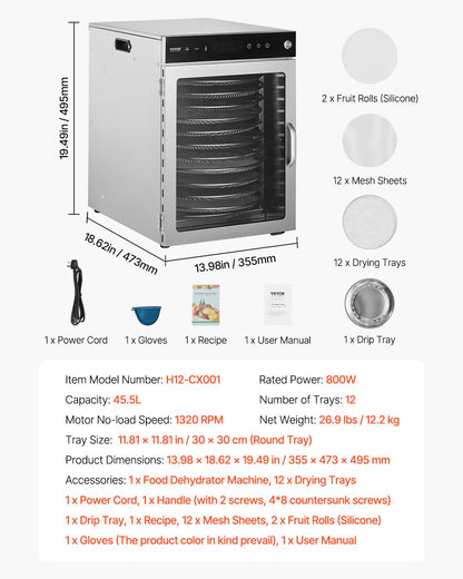 Rotary Food Dehydrator Machine, 12 Stainless Steel Trays, 800W Electric Food Dryer with Adjustable Temperature & 24-Hour Timer, Freeze Dryer for Jerky, Meat, Fruit, Vegetables, Herbs, Dog Treats