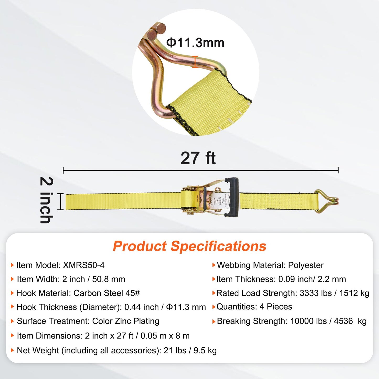 Ratchet Tie Down Straps (4PK), 10000 lb Break Strength, Double J Hook Includes 4 Premium 2" x 27' Rachet Tie Downs with Padded Handles, for Moving Securing Cargo, Appliances, Lawn Equipment