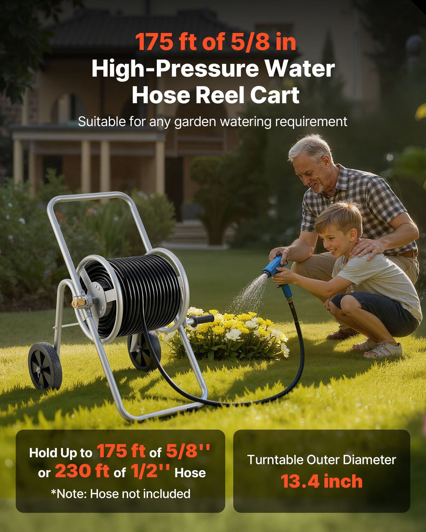 Hose Reel Cart, Hold Up to 175 ft of 5/8’’ Hose (Hose Not Included), Garden Water Hose Carts Mobile Tools with Wheels, Heavy Duty Powder-coated Steel Outdoor Planting for Garden, Yard, Lawn