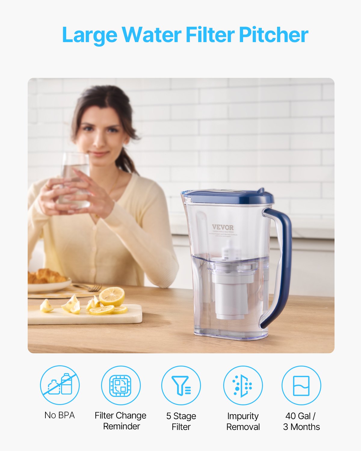 Water Filter Pitcher, 9 Cup 5-stage Water Filter Dispenser, Fast Filtration System with Filter Change Indicator, No BPA, Lasts 3 Months or 40 Gallons, Reduces Limescale, Lead, Chlorine, Odors