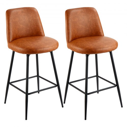 Bar Stool Set of 2, 69cm Counter Height Swivel Stools, Modern PU Leather Counter Barstool with Backrest and Metal Legs, Armless Bar Chair, Island Barstool for Kitchen, Dining Room, Brown