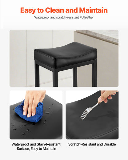 Barhocker-Set (2er-Set), Tresenhocker aus PU-Leder, 62 cm hoch, mit Sattelsitz und Metallbeinen, einfach zu montieren, rückenlehnenlos, ideal für Küche, Esszimmer oder Café, Schwarz