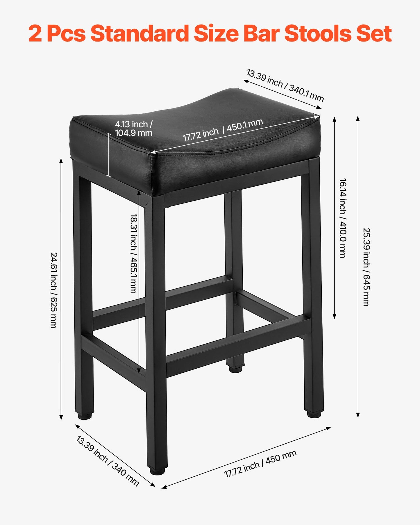 Barhocker-Set (2er-Set), Tresenhocker aus PU-Leder, 62 cm hoch, mit Sattelsitz und Metallbeinen, einfach zu montieren, rückenlehnenlos, ideal für Küche, Esszimmer oder Café, Schwarz