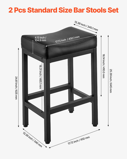 Barhocker-Set (2er-Set), Tresenhocker aus PU-Leder, 62 cm hoch, mit Sattelsitz und Metallbeinen, einfach zu montieren, rückenlehnenlos, ideal für Küche, Esszimmer oder Café, Schwarz