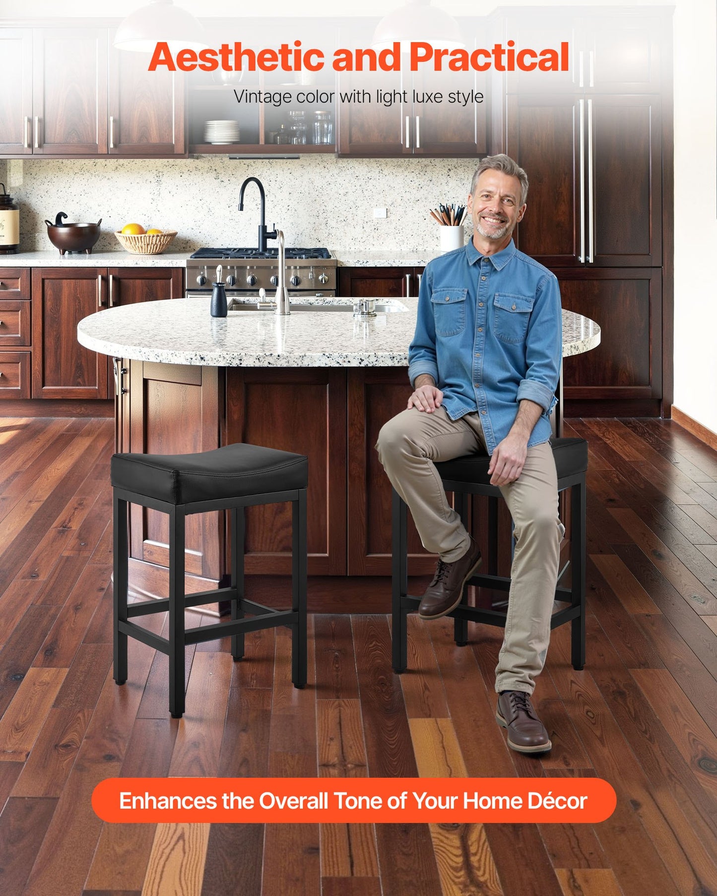 Barhocker-Set (2er-Set), Tresenhocker aus PU-Leder, 62 cm hoch, mit Sattelsitz und Metallbeinen, einfach zu montieren, rückenlehnenlos, ideal für Küche, Esszimmer oder Café, Schwarz