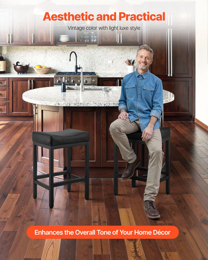 Barhocker-Set (2er-Set), Tresenhocker aus PU-Leder, 62 cm hoch, mit Sattelsitz und Metallbeinen, einfach zu montieren, rückenlehnenlos, ideal für Küche, Esszimmer oder Café, Schwarz