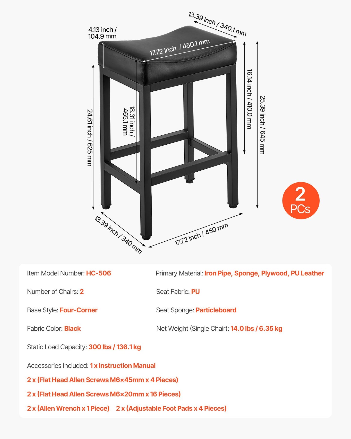 Barhocker-Set (2er-Set), Tresenhocker aus PU-Leder, 62 cm hoch, mit Sattelsitz und Metallbeinen, einfach zu montieren, rückenlehnenlos, ideal für Küche, Esszimmer oder Café, Schwarz