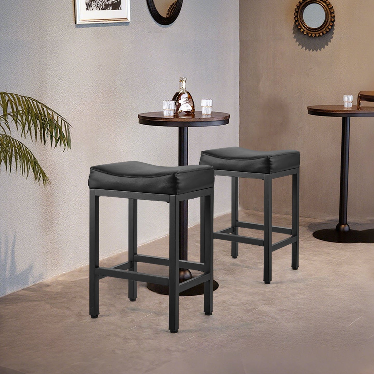 Barhocker-Set (2er-Set), Tresenhocker aus PU-Leder, 62 cm hoch, mit Sattelsitz und Metallbeinen, einfach zu montieren, rückenlehnenlos, ideal für Küche, Esszimmer oder Café, Schwarz