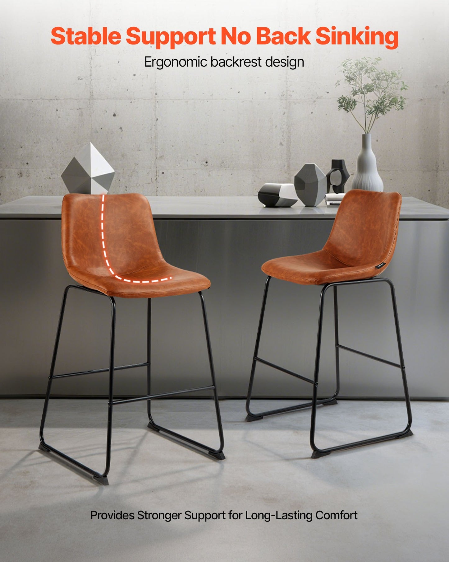 Barhocker-Set, 4er-Set, 65 cm hohe Tresenhocker, moderner Tresenhocker aus PU-Leder mit Rückenlehne, Metallbeine, einfach zu montieren, armloser Barhocker, Küchen- und Esszimmerhocker, Braun