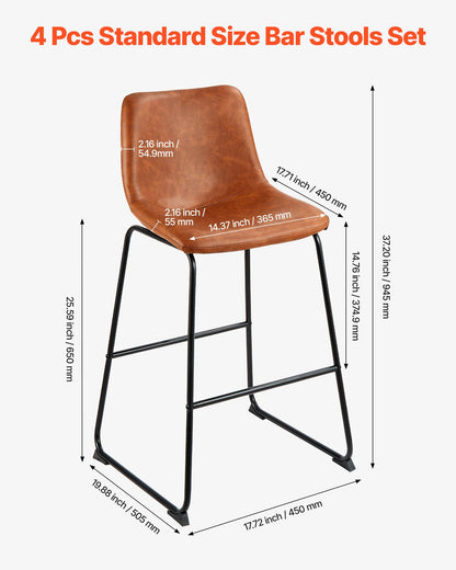 Barhocker-Set, 4er-Set, 65 cm hohe Tresenhocker, moderner Tresenhocker aus PU-Leder mit Rückenlehne, Metallbeine, einfach zu montieren, armloser Barhocker, Küchen- und Esszimmerhocker, Braun