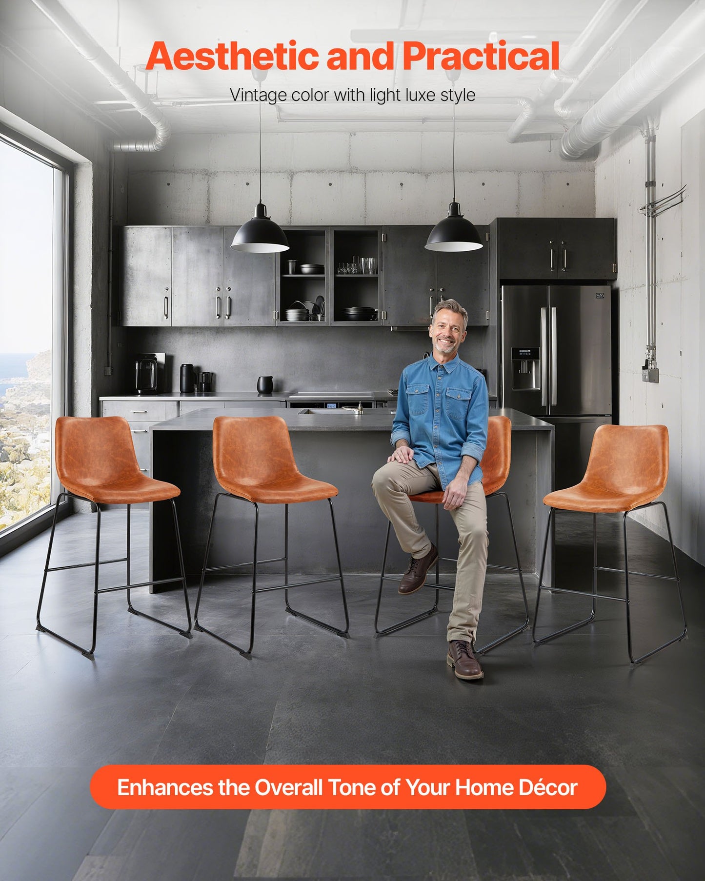 Barhocker-Set, 4er-Set, 65 cm hohe Tresenhocker, moderner Tresenhocker aus PU-Leder mit Rückenlehne, Metallbeine, einfach zu montieren, armloser Barhocker, Küchen- und Esszimmerhocker, Braun