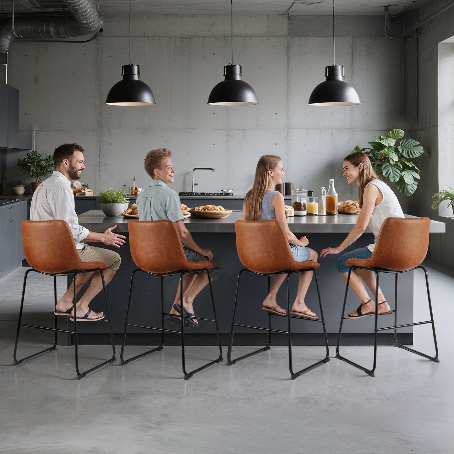 Barhocker-Set, 4er-Set, 65 cm hohe Tresenhocker, moderner Tresenhocker aus PU-Leder mit Rückenlehne, Metallbeine, einfach zu montieren, armloser Barhocker, Küchen- und Esszimmerhocker, Braun