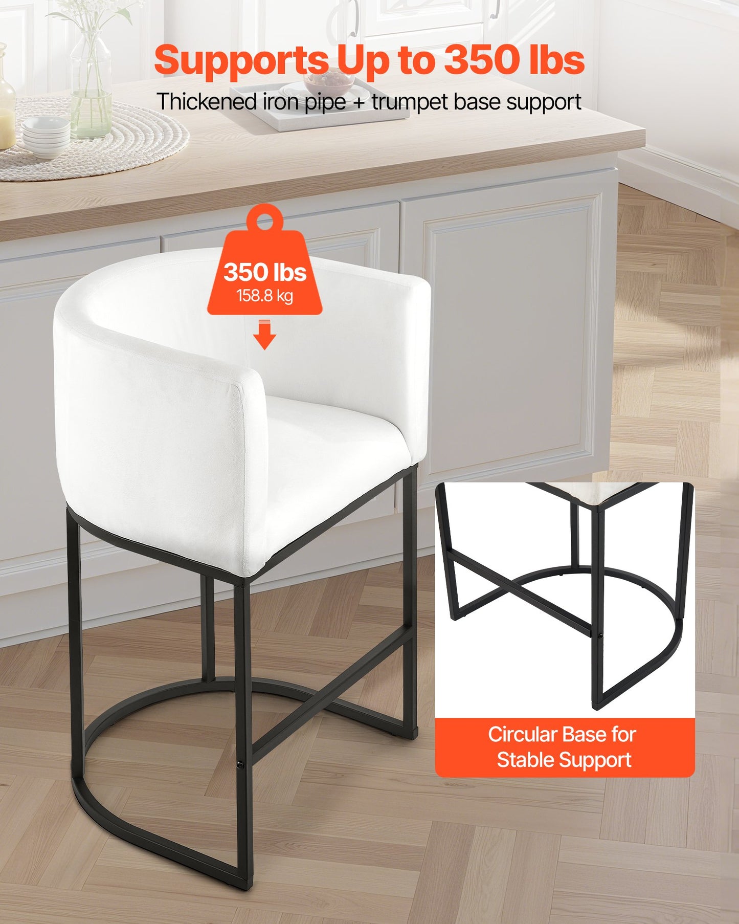 Barhocker-Set, 3er-Set, 63 cm hoch, mit Rückenlehne, Armlehnen, Metallgestell und Fußstütze, bezogen mit Stoffbezug, ideal für Küche und Esszimmer, weiß