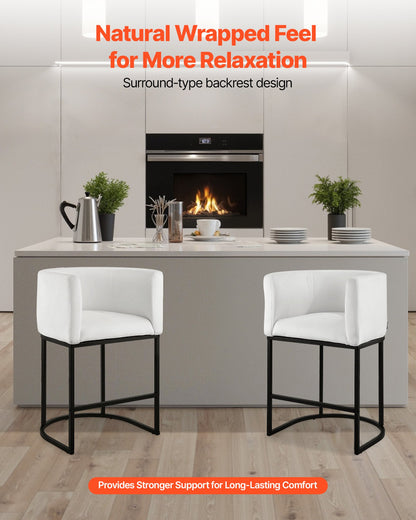 Barhocker-Set, 3er-Set, 63 cm hoch, mit Rückenlehne, Armlehnen, Metallgestell und Fußstütze, bezogen mit Stoffbezug, ideal für Küche und Esszimmer, weiß