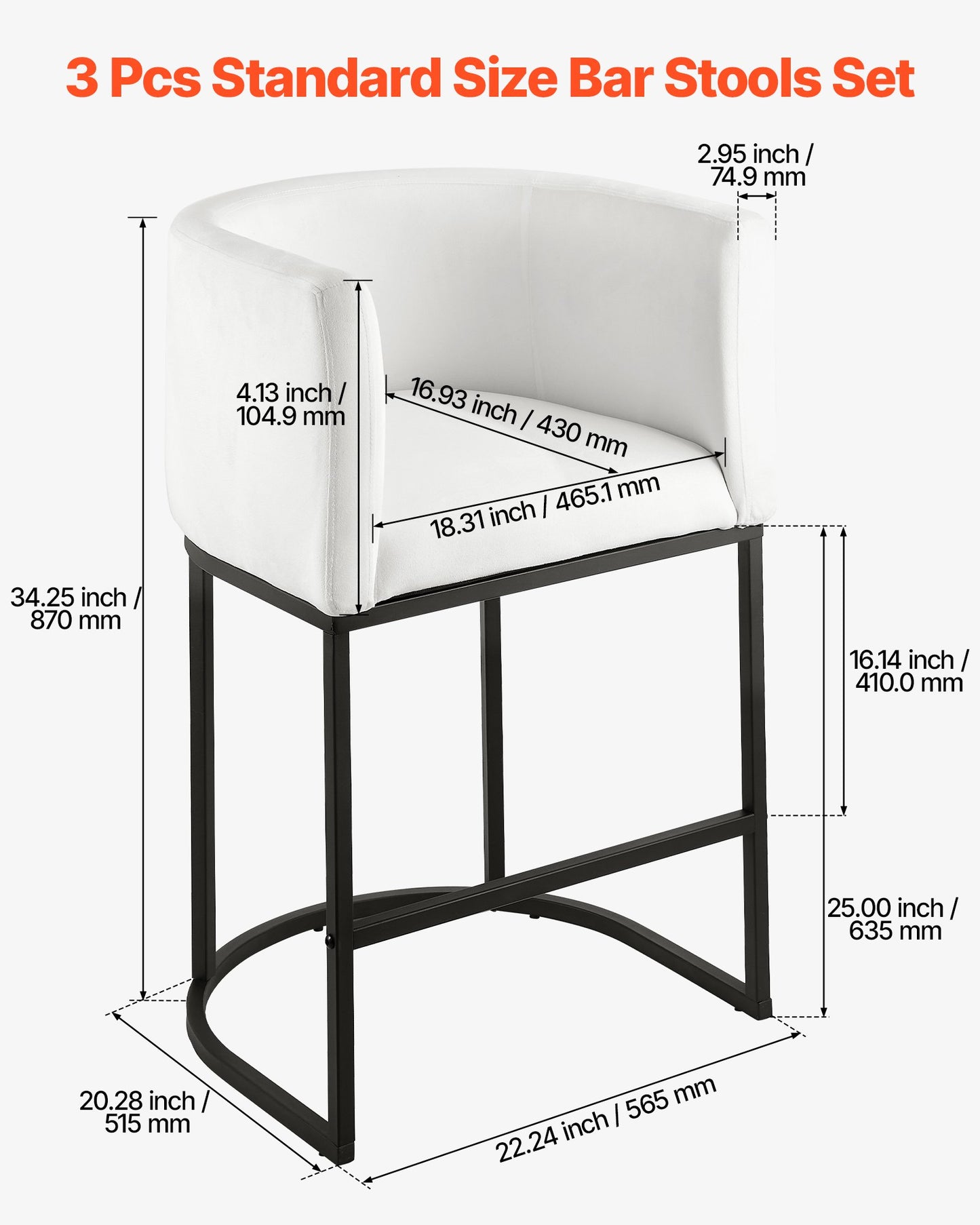 Barhocker-Set, 3er-Set, 63 cm hoch, mit Rückenlehne, Armlehnen, Metallgestell und Fußstütze, bezogen mit Stoffbezug, ideal für Küche und Esszimmer, weiß