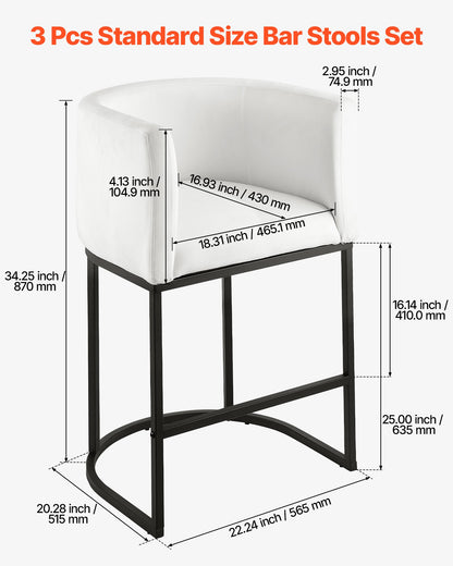 Barhocker-Set, 3er-Set, 63 cm hoch, mit Rückenlehne, Armlehnen, Metallgestell und Fußstütze, bezogen mit Stoffbezug, ideal für Küche und Esszimmer, weiß