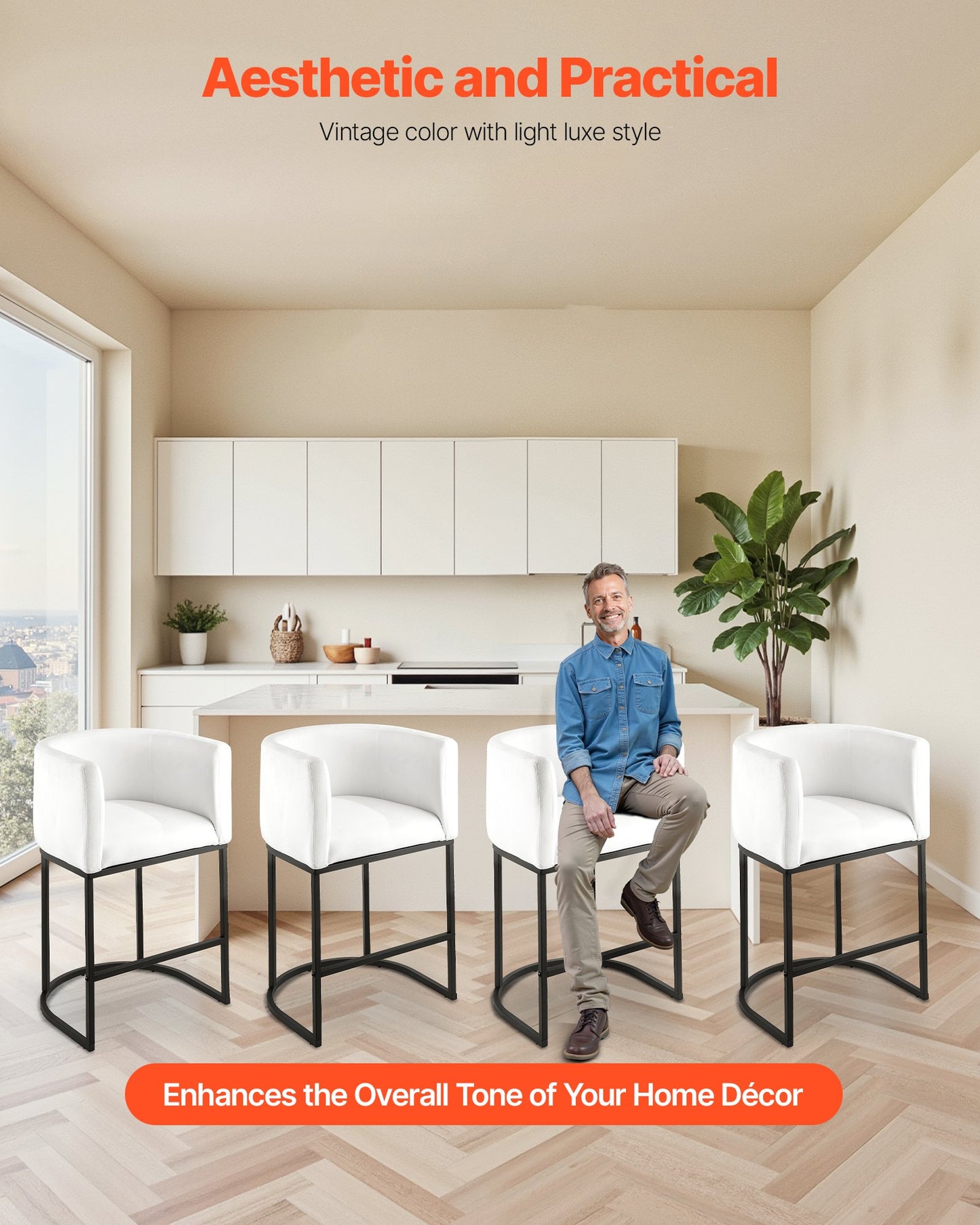 Barhocker-Set, 3er-Set, 63 cm hoch, mit Rückenlehne, Armlehnen, Metallgestell und Fußstütze, bezogen mit Stoffbezug, ideal für Küche und Esszimmer, weiß