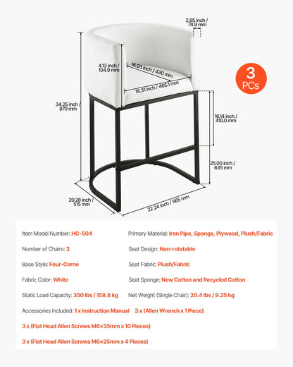 Barhocker-Set, 3er-Set, 63 cm hoch, mit Rückenlehne, Armlehnen, Metallgestell und Fußstütze, bezogen mit Stoffbezug, ideal für Küche und Esszimmer, weiß