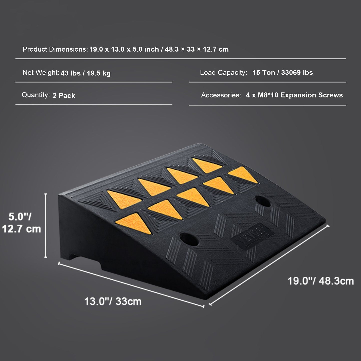 Rubber Curb Ramp 2 Pack, 5" Rise Height Heavy-Duty 33069 lbs/15 T Capacity Threshold Ramps, Driveway Ramps with Stable Grid Structure for Cars, Wheelchairs, Bikes, Motorcycles