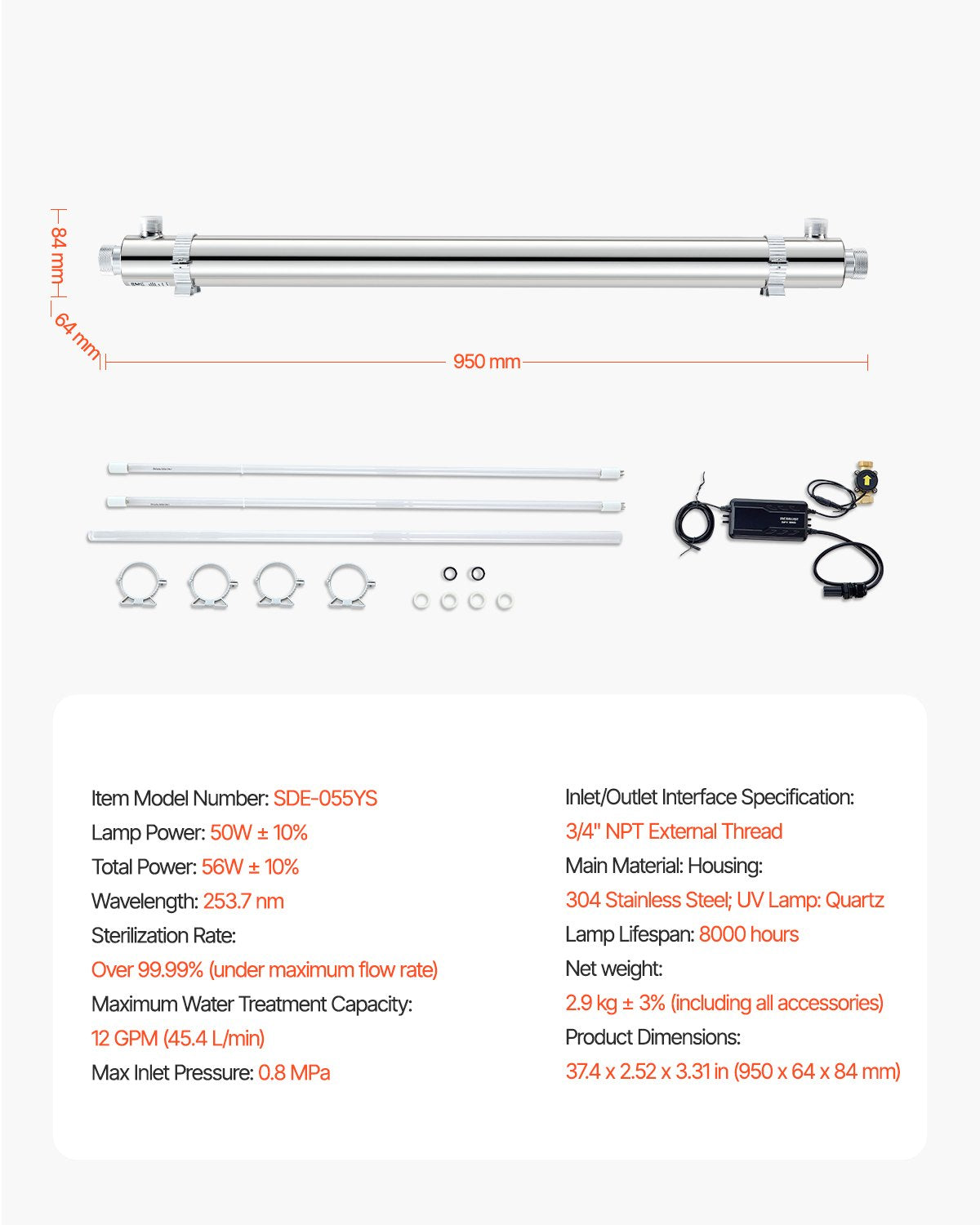 UV Water Purifier, 55W 12GPM, 220V Versatile Ultraviolet Water Purifier Filter with Stainless Steel Housing, Whole House UV Water Filter with Quartz Sleeve Fit for Shower/Drinking/Cleaning