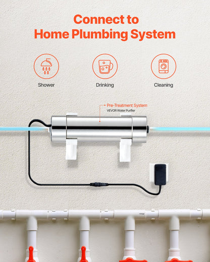 UV Water Purifier, 8W 1GPM, 220V Versatile Ultraviolet Water Purifier Filter with Stainless Steel Housing, Whole House UV Water Filter with Quartz Sleeve Fit for Shower/Drinking/Cleaning