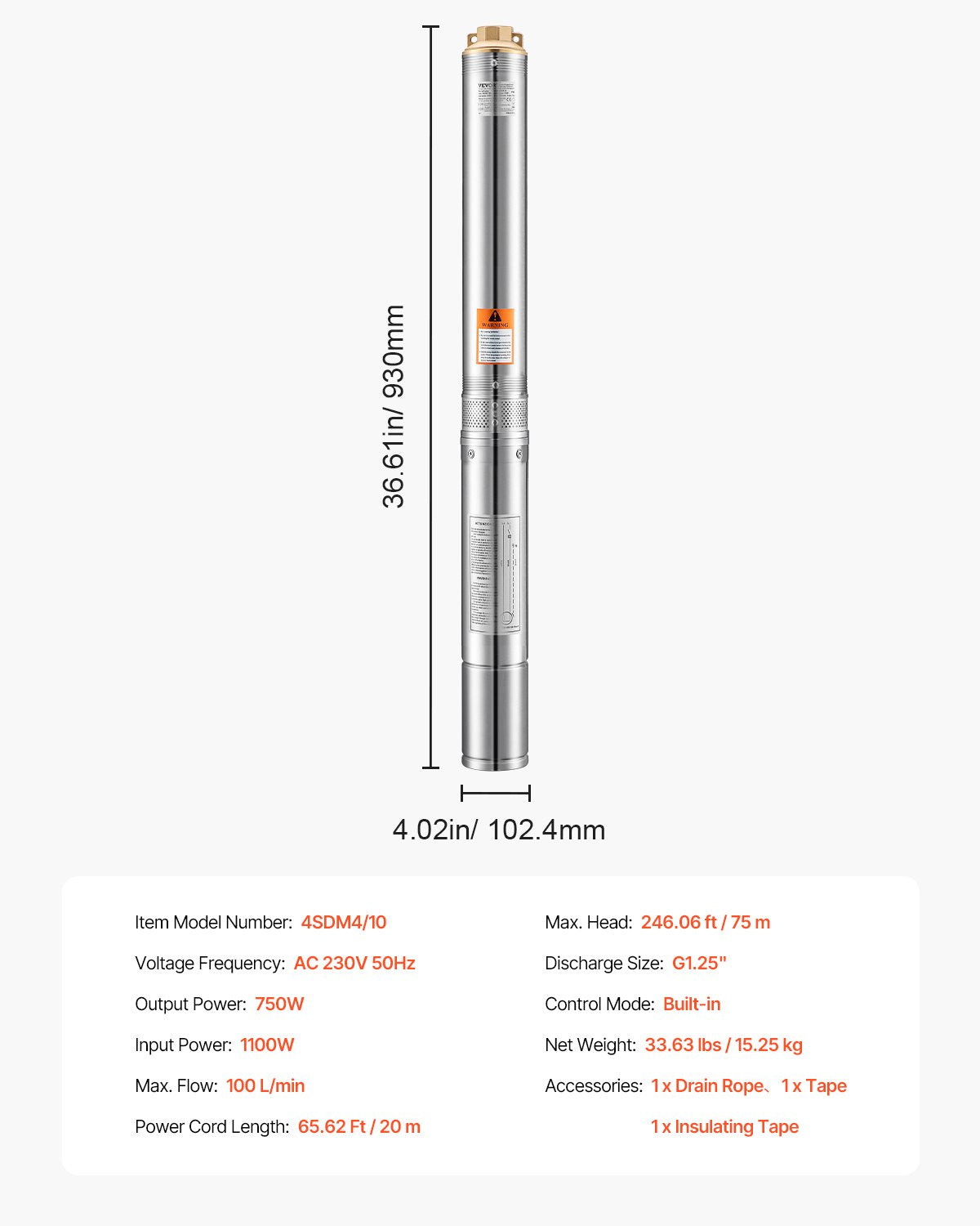 Deep Well Submersible Pump, 750W Output Power, 230V, 100 L/min Flow 75 m(246 ft) Head, with 20 m(65.62 ft) Cord, Stainless Steel Water Pump, for Industrial Irrigation and Home Use, IP68 Waterproof Grade