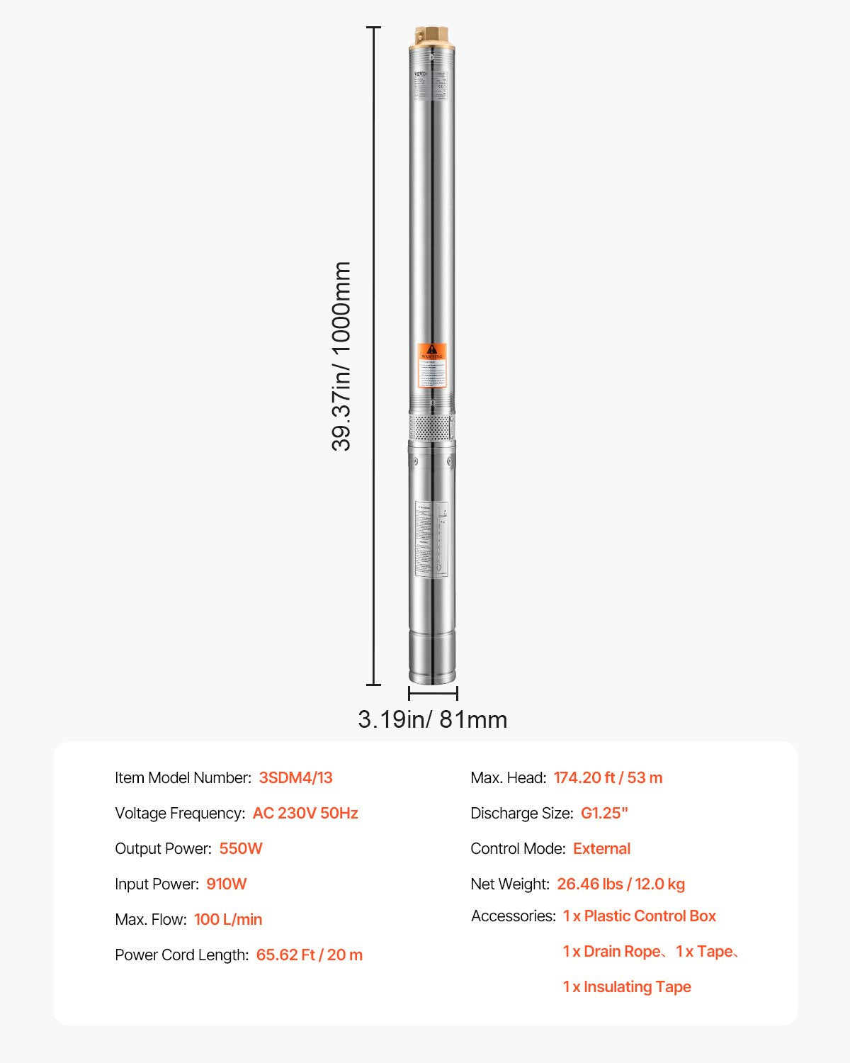 Deep Well Submersible Pump, 550W Output Power, 230V, 100 L/min Flow 53 m(174 ft) Head, with 20 m(65.62 ft) Cord External Control Box, Stainless Steel Water Pump, for Industrial Irrigation and Home Use, IP68