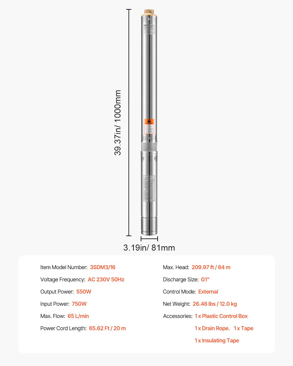 Deep Well Submersible Pump, 550W Output Power, 230V, 65 L/min Flow 64 m(210 ft) Head, with 20 m(65.62 ft) Cord External Control Box, Stainless Steel Water Pump, for Industrial Irrigation and Home Use, IP68
