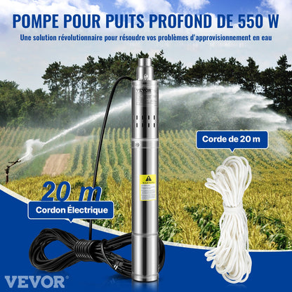 Deep Well Submersible Pump, 550W 230V/50Hz, 35L/min 108 m Head Sand Resistant <5%, 20 m Electric Cord, 7.6 cm Stainless Steel Water Pumps for Industrial, Irrigation & Home Use, IP68 Waterproof