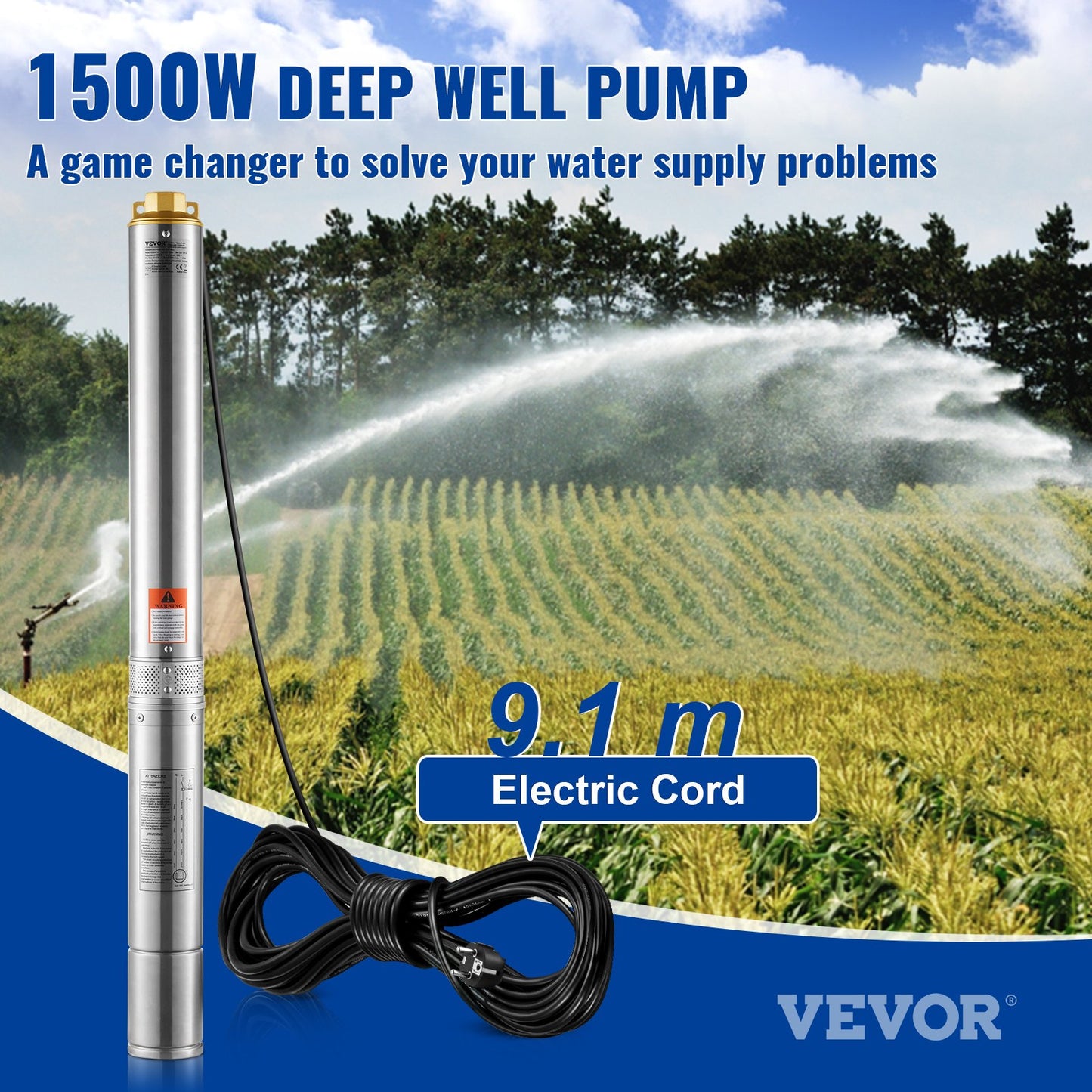 Deep Well Submersible Pump, 2HP/1500W 230V/50Hz, 9.8 m³/h Flow 108 m Head, with 9.1 m Electric Cord, Stainless Steel Water Pumps for Industrial, Irrigation & Home Use, IP68 Waterproof Grade