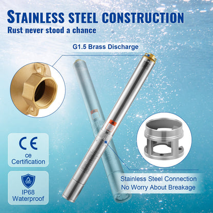 Deep Well Submersible Pump, 2HP/1500W 230V/50Hz, 9.8 m³/h Flow 108 m Head, with 9.1 m Electric Cord, Stainless Steel Water Pumps for Industrial, Irrigation & Home Use, IP68 Waterproof Grade