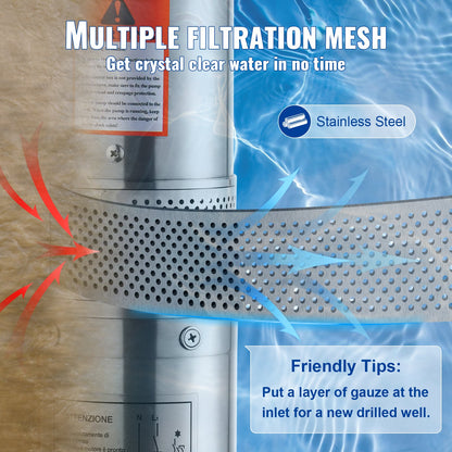 Deep Well Submersible Pump, 2HP/1500W 230V/50Hz, 9.8 m³/h Flow 108 m Head, with 9.1 m Electric Cord, Stainless Steel Water Pumps for Industrial, Irrigation & Home Use, IP68 Waterproof Grade