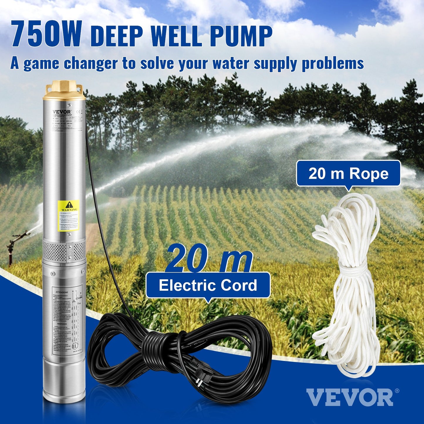 Deep Well Submersible Pump, 750W 230V/50Hz, 100L/min 66 m Head Sand Resistant <5%, 20 m Electric Cord, 7.6 cm Stainless Steel Water Pumps for Industrial, Irrigation & Home Use, IP68 Waterproof
